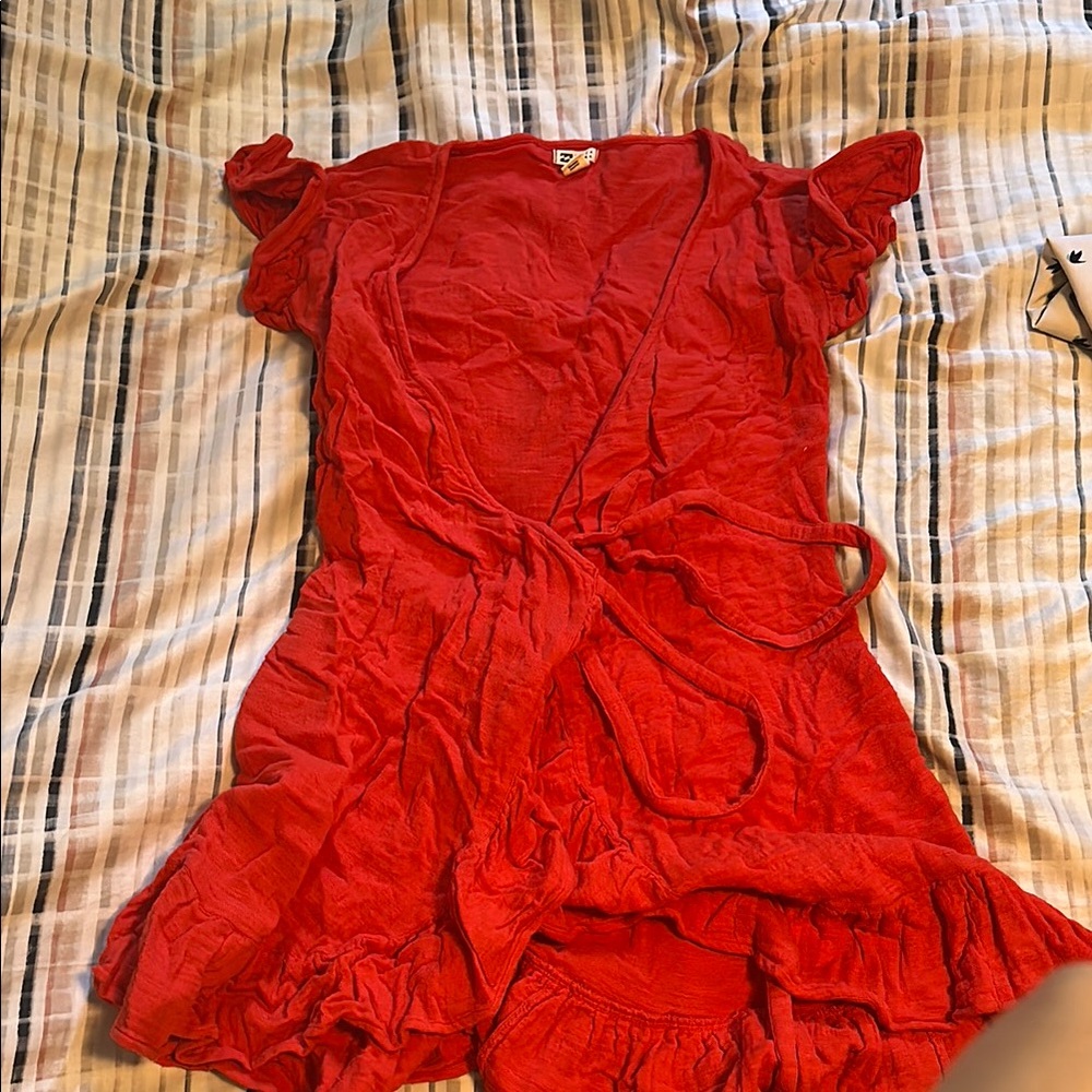 Red Wrap Dress with Ruffle Sleeves